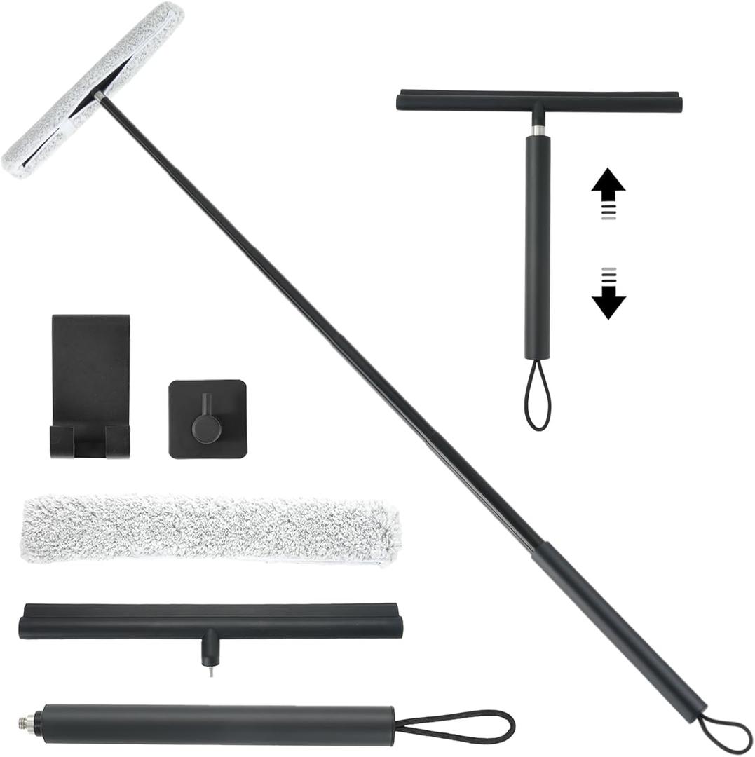 11.2-46 Extendable Window Squeegee for Home, 2 in 1 Window Washing Kit with Extension Pole, Window Cleaner Tool for Shower Rooms, Glass, Floors, Tiles, Walls, Car Windshields