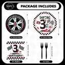 96Pcs Shifting into 3rd Year Birthday Decorations Disposable Race Car Themed 3rd Party Plates and Napkins Checkered Flag Tableware Set for Boys Racing Car 3 Years Old Birthday Party Supplies Serves 24