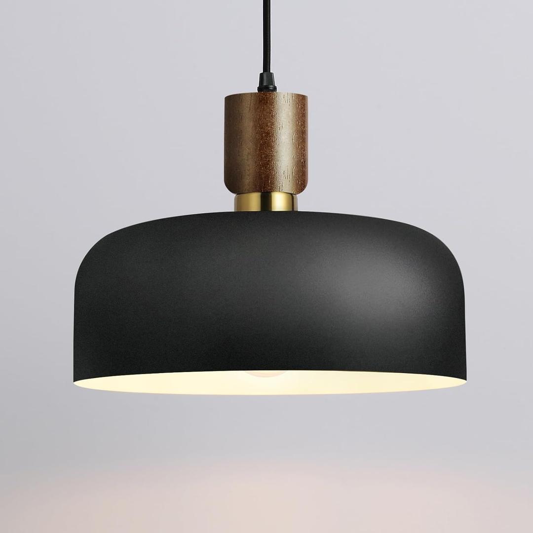 Modern Black Pendant Light Over Kitchen Island,Industrial Pendant Lighting,Adjustable Wood Ceiling Hanging Light Fixture for Dining Room,Living Room,Bedroom,Hallway,Sink,Bar (11.8 inches)