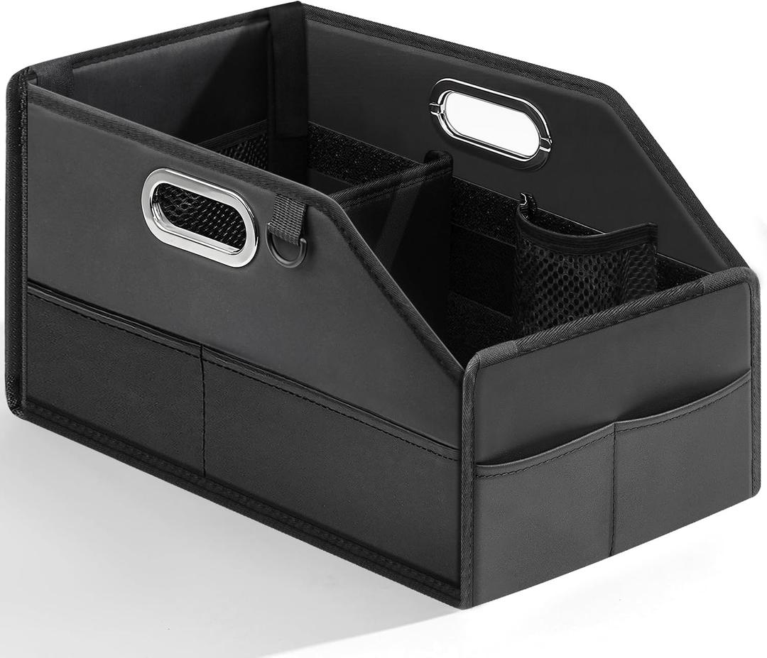 Car Seat Organizer for Back Seats&Front-Foldable PU Leather Storage with Adjustable Dividers,2 Cup Holders&7 Mesh Pockets-Detachable Design with Metal Handles for Kids Travel,Toys,Snacks