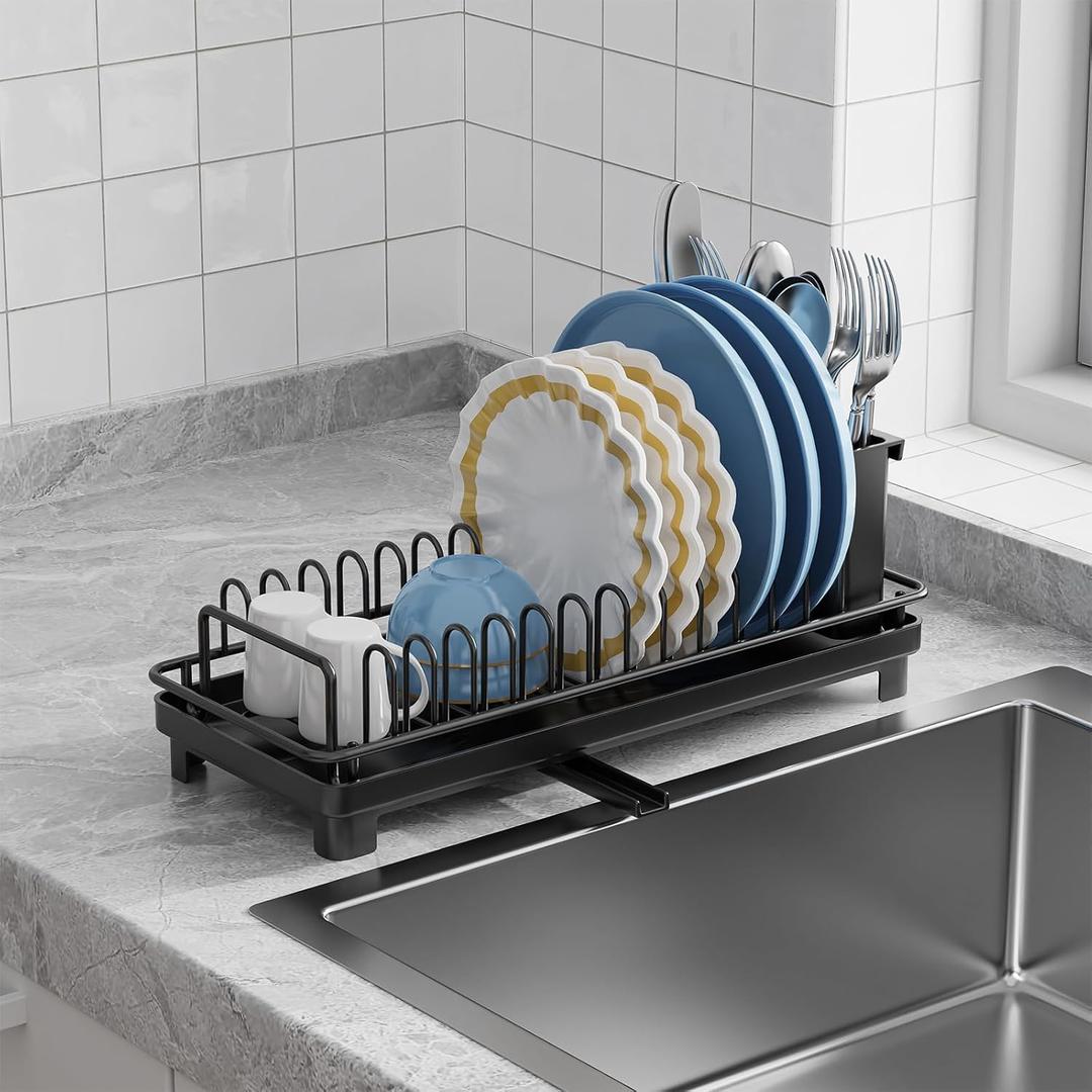 Giwil Small Dish Drying Rack, Compact Dish Rack with Drainboard for Kitchen Counter, Multifunctional Rustproof Dish Drainer Plate Organizer Used Over Sink & on Countertop, Black (1-Tier (Drainboard Base))