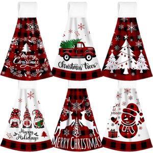 Jingmore 6 Pcs Christmas Hanging Kitchen Towels with Loop Hand Tie Towels Microfiber Drying Baking Cooking Cloth(Red,Christmas)