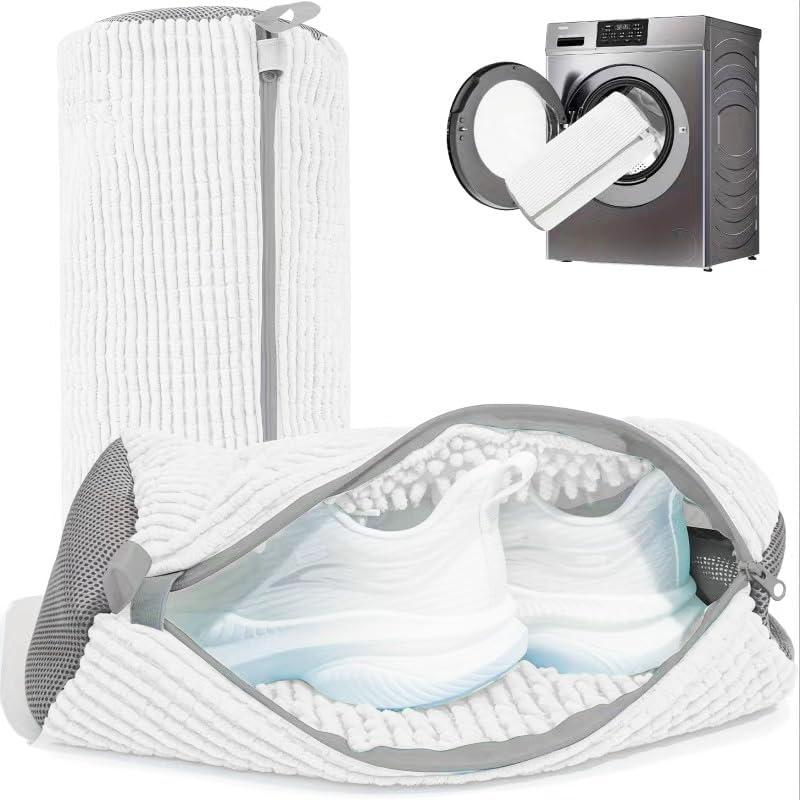 Shoe Washing Machine Bags, XXL Shoe Laundry Bags for Washer Dryer, Sturdy Zipper with Hook Design, Sneaker Dry Bags Included, Reusable Washing Bag for Sneaker, Tennis, White 2pc