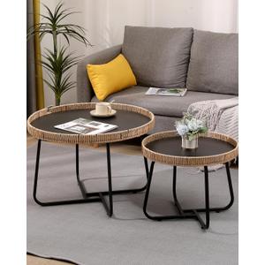 Small Round Nesting Coffee Table Set of 2, Nesting Side Tables with Metal Frame, Modern Circle End Tables for Living Room Bedroom Office Balcony (Brown, 50cm+70cm)