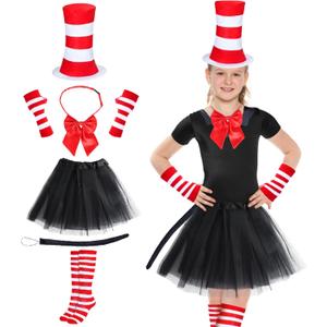Kyson Cat Costume for Kids Tulle Tutu Skirt Red And White Striped Gloves Bowtie Long Tail For Halloween 100th Days of School (Classic), One SIze