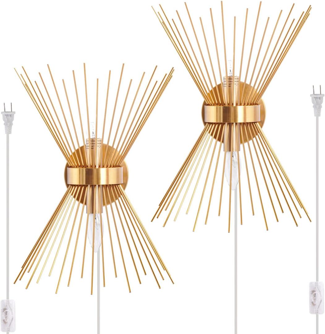 VILUXY Mid-Century Plug in Wall Sconces Antique Brass Brush Paint Finish with Starburst Shade and ON/Off Switch Cord for Bedside, Bedroom, Hallway, Entryway, Passway, Vanity 2 Pack