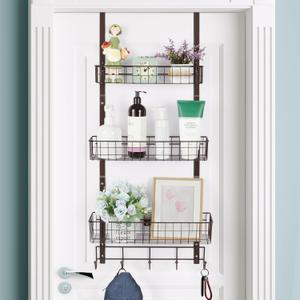 Over the Door Organizer Bathroom with Hooks 3 Tier Back of Door Shelf Organizer Rack Hanging Shelves Basket Metal Pantry Door Organizer with 3 Baskets 5 Hooks for Bathroom Kitchen Cabinet, Dark Brown
