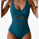 Aidonger One Piece Swimsuit for Women Tummy Control Sexy Mesh Bathing Suit V Neck Tie Back Swimwear Blue, Size 2XL