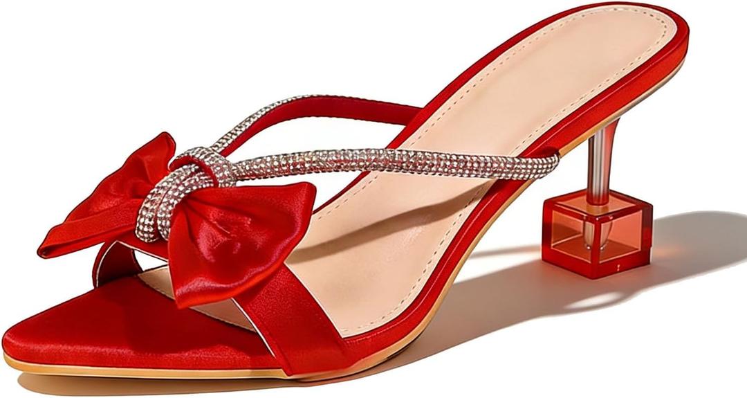 Women's Bow Rhinestone Strappy Heeled Sandals 2.36 Inch Pointed Open Toe Slip-On Transparent Heels Shining High Heel Mule Sandals for Wedding Brides Party Prom size 40