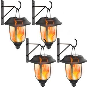 Dynaming 4 Pack Solar Flame Lanterns Outdoor, Hanging Solar Powered Wall Mounted Sconce Lights, Flickering Flame LED Light Auto On/Off, Waterproof for Garage Stair Patio Front Porch Yard