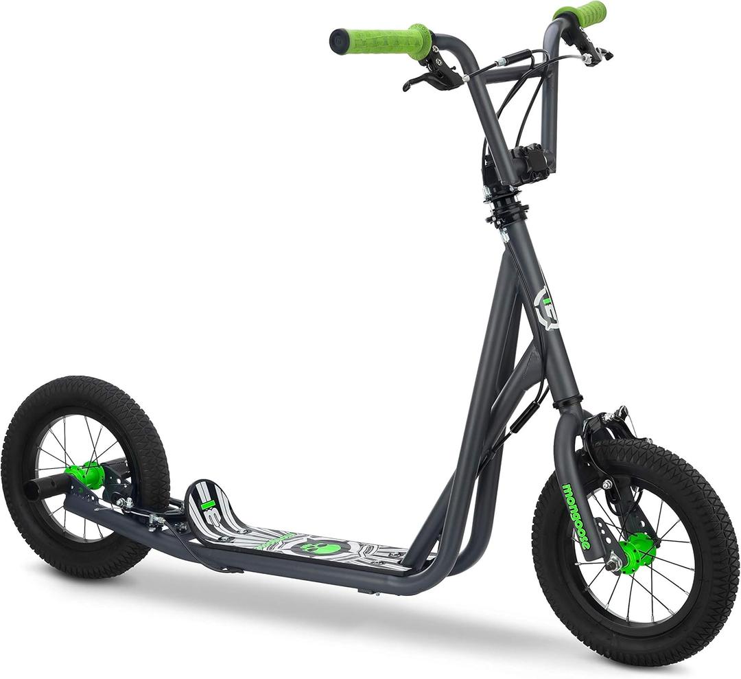Mongoose Expo Kick Scooter, BMX-Style Handlebar & Brake Cable Rotor, Wide Foot Deck for Kids Youth Boys Girls Ages 6 and Up, Rear Axle Pegs, 12-Inch Air Tires, and Max. Weight of 175 lbs. (Green/Grey)
