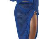 Women's 2 Piece Plus Size Cover Up Sweater and Split Thigh Skirt Set Beach Swim Cover Up Outfit (Blue, XXXL)