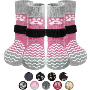 PUPTECK Anti Slip Dog Socks 2 Pairs with Double Grippers for Hardwood Floors, Shoes for Hot/Cold Pavement, Boots & Paws Protectors to Prevent Licking, Traction Booties for Senior Small Large Dogs (Pink(Wave))