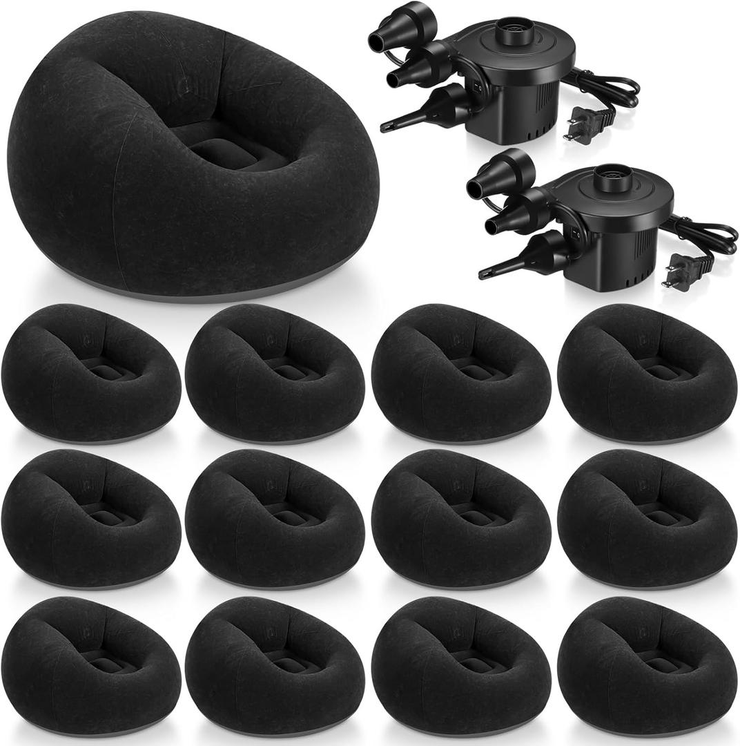 Realspring 12 Pcs Inflatable Bean Bag Chairs for Adults with Electric Air Pump, Blow up Couch Folding Portable Inflatable Couch Lazy Sofa for Outdoor Movie Nights Camping Room (Black)