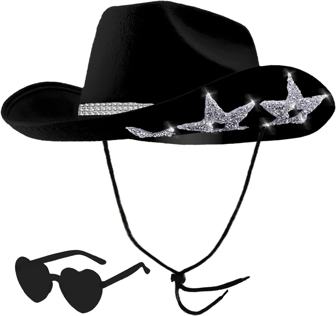 Cowboy Hats with 6 Sequins Stars & Tiara Belt for Women Rodeo Party Hats with Heart Shaped Sunglasses (Black)