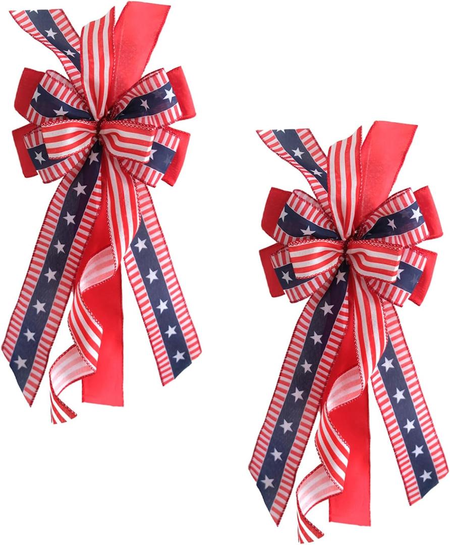 Large Patriotic Wreath Bows for Front Door, Memorial Day Red Blue White Stars and Stripes Bows for Wreath