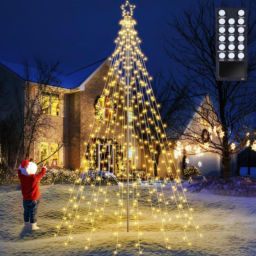 Lomotech Christmas Tree Lights - 10Ft 404 LED with 7.08" Topper, Remote Controll Waterproof Iron Pole Waterfall Lights for Outdoor Christmas Decorations (Warm White)