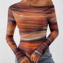 PRETTYGARDEN Womens Fall Trendy Off Shoulder Y2k Tops 2026 Tie Dye Mesh Long Sleeve Shirts Asymmetrical Ruched Floral Blouse (L)