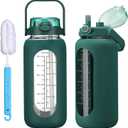 42oz Glass Water Bolttles with Straw Half Gallon Large Motivational Water Bottle with Time Marker Sports Water Bottles with Silicone Sleeve and Handle Lid Water Jug for Gym Workout (Dark Green)