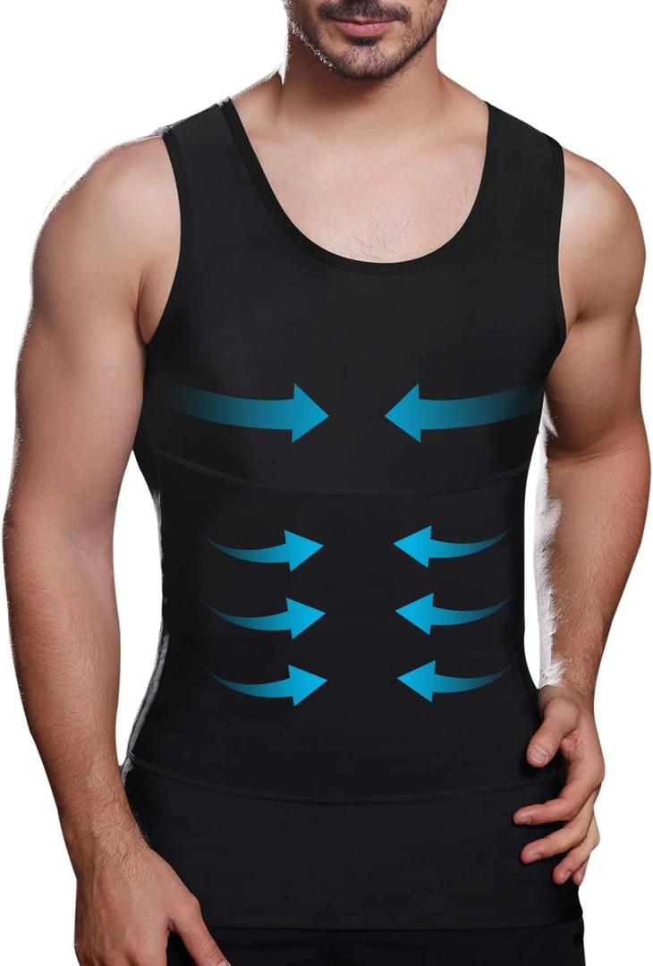 Men's Slimming Compression Shirt, Body Shaper Workout Tank Top, Gynecomastia Tummy Control Undershirts - Change in Seconds, Large