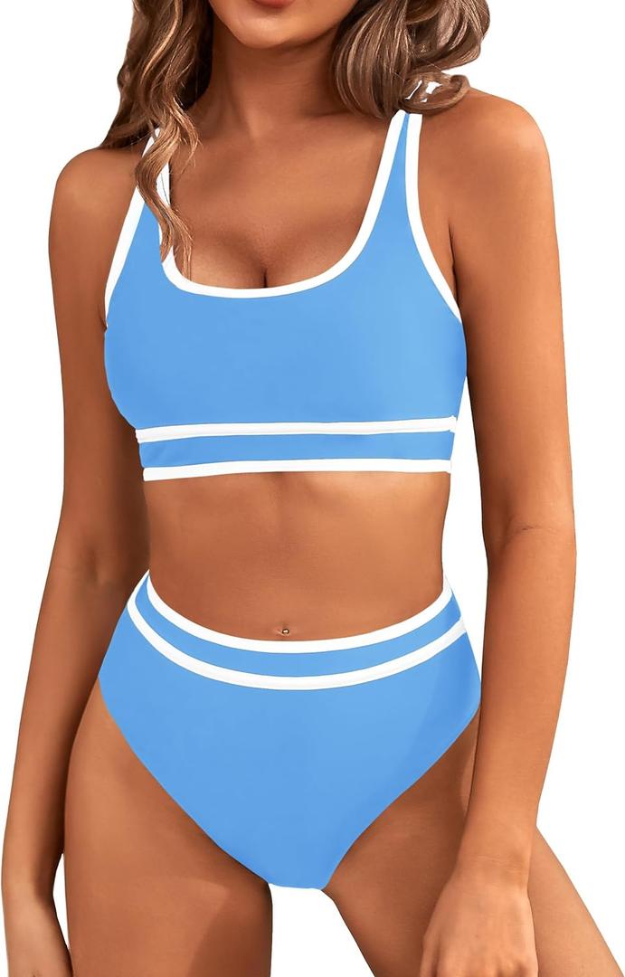 BMJL Women's High Waisted Bikini Sets Sporty Two Piece Swimsuits Color Block Cheeky High Cut Bathing Suits (Large, Light Blue011)