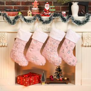 Pink Christmas Stockings Set of 4 - Lage Elegant Faux Fur Xmas Stockings with Silver Christmas Tree Snowflake Designs, Pink Christmas Decoration for Holiday Party Home
