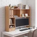 Cinnvoice Natural Desktop Bookshelf Countertop Storage Hutch with Drawer for Computer Desk 5-Tier Display Rack Multipurpose Wood Desktop Hutch Storage Organize for College Dorm Home Office Supply, 32.3 x 31.5 x 7.9 inches