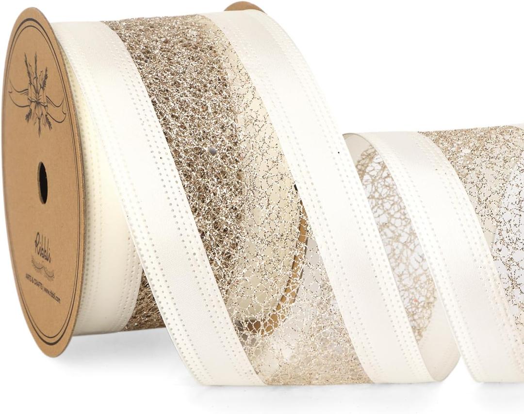 Ribbli Ivoy Wired Ribbon Ivory Satin with Champagne Gold Glitter Mesh 2.5 Inch Christmas Ribbon for Tree Gift Wrapping Wreaths Garland Topper Bows Crafts Home Decor -10 Yards