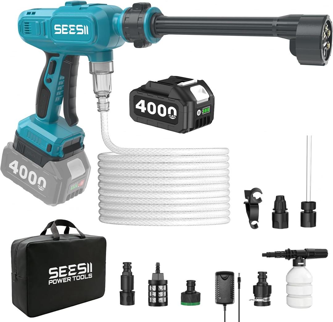 SEESII Cordless Washer Battery Powered, Dual 4000mAh Batteries Portable Washer with 6-in-1 Nozzle & Foam Cannon for Car, Home, Garden, Patio and Fence Cleaning