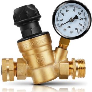 RV Water Pressure Regulator for RV Camper, 3/4" Upgraded Brass Lead-Free Adjustable Water Pressure Reducer with Gauge and Inlet Screen Filter for RV Camper Travel Trailer Accessories 0-160 PSI