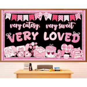 2 x party greeting Valentines Day Bulletin Board Set Valentines Pink Bow Classroom Decorations Pink Theme Very Cutesy Sweet Loved Paper Cutouts Bulletin Board for School Office Home Wall Decor Supplies