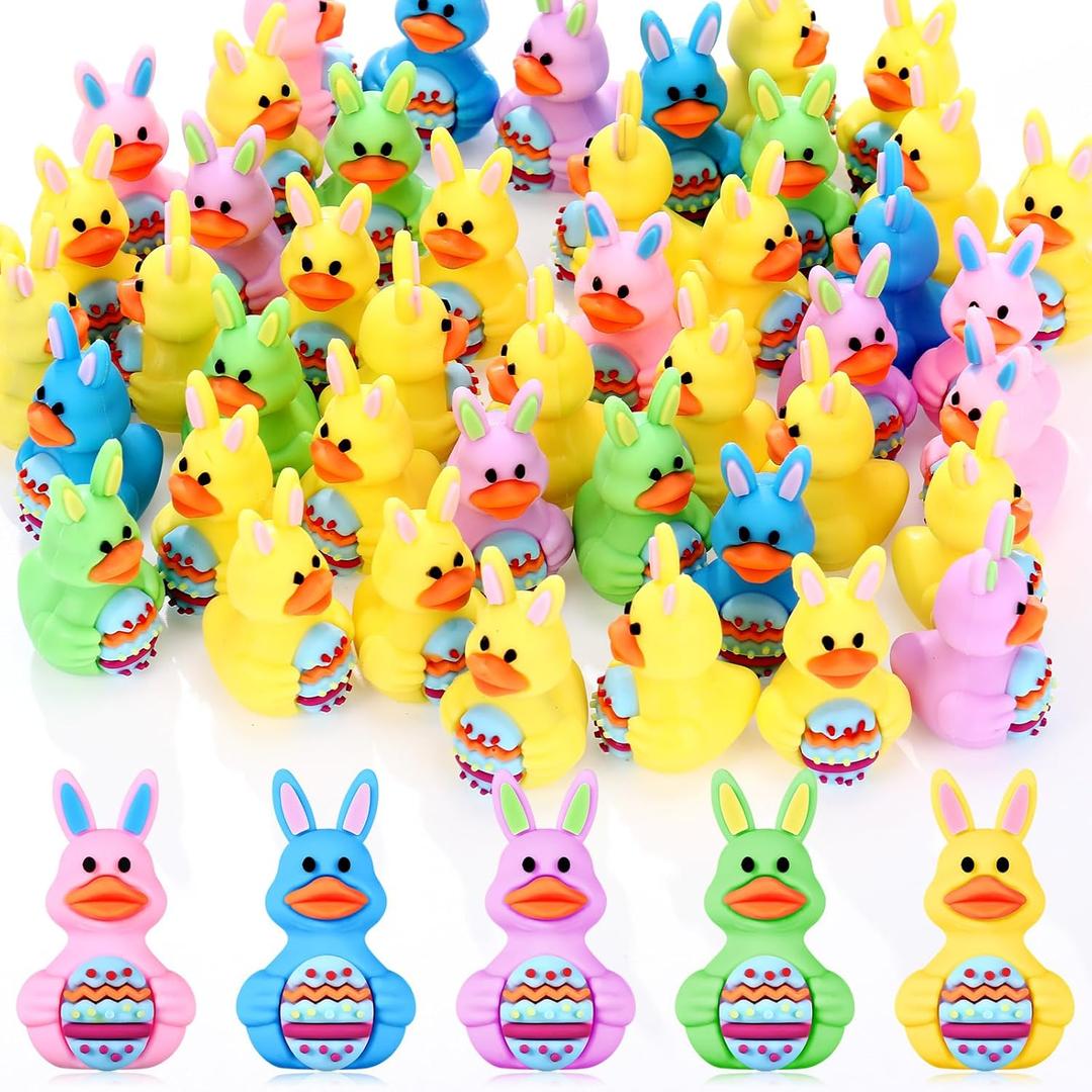 Gejoy 50 Pcs Mini Easter Rubber Ducks 1.57 Inch Bunny Ear Ducks Figurines Bulk Small Assorted Birthday Gifts for Easter Basket Stuffers Table Decorations Party Favors