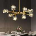 Modern Sputnik Crystal Kitchen Chandelier - Luxury Elegant 8 Light Gold Brushed Brass Chandeliers - Adjustable Height Pendant Lighting Ceiling Fixture for Dining Room Living Room Island Table Bedroom