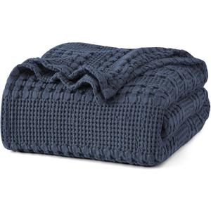 PHF 100% Cotton Waffle Weave Blanket Twin Size, Soft Lightweight Breathable Cozy Summer Blankets for Bed, Luxury Aesthetic Woven Bedding for Home Decor, 66"x90", Dark Navy