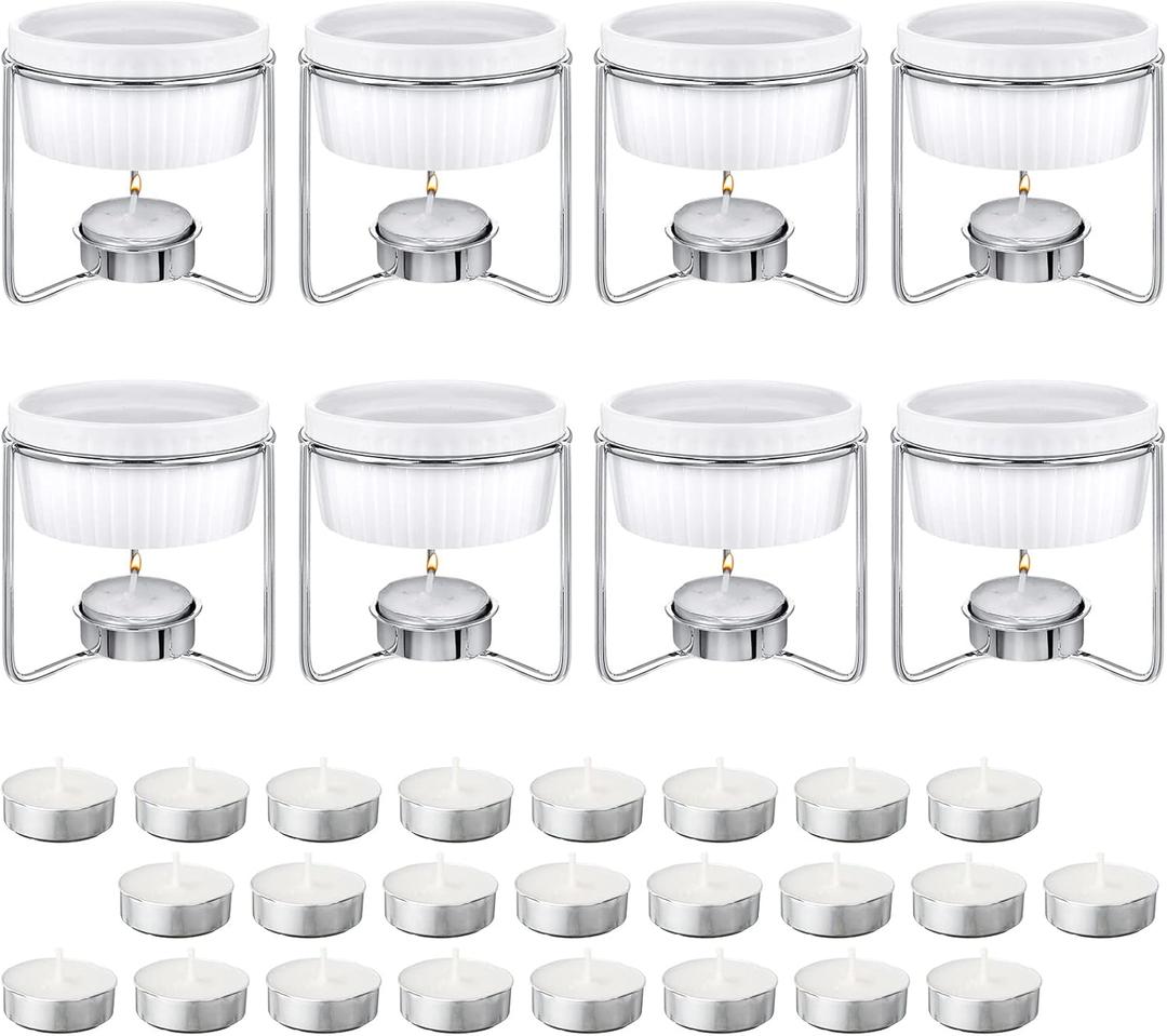 Treela 40 Pieces Ceramic Butter Warmers Set Included Butter Warmers Melter and 32 Tealight Candles for Chocolate Cheese Fondue Crab Lobster Microwave Oven Safe (White, Gray)