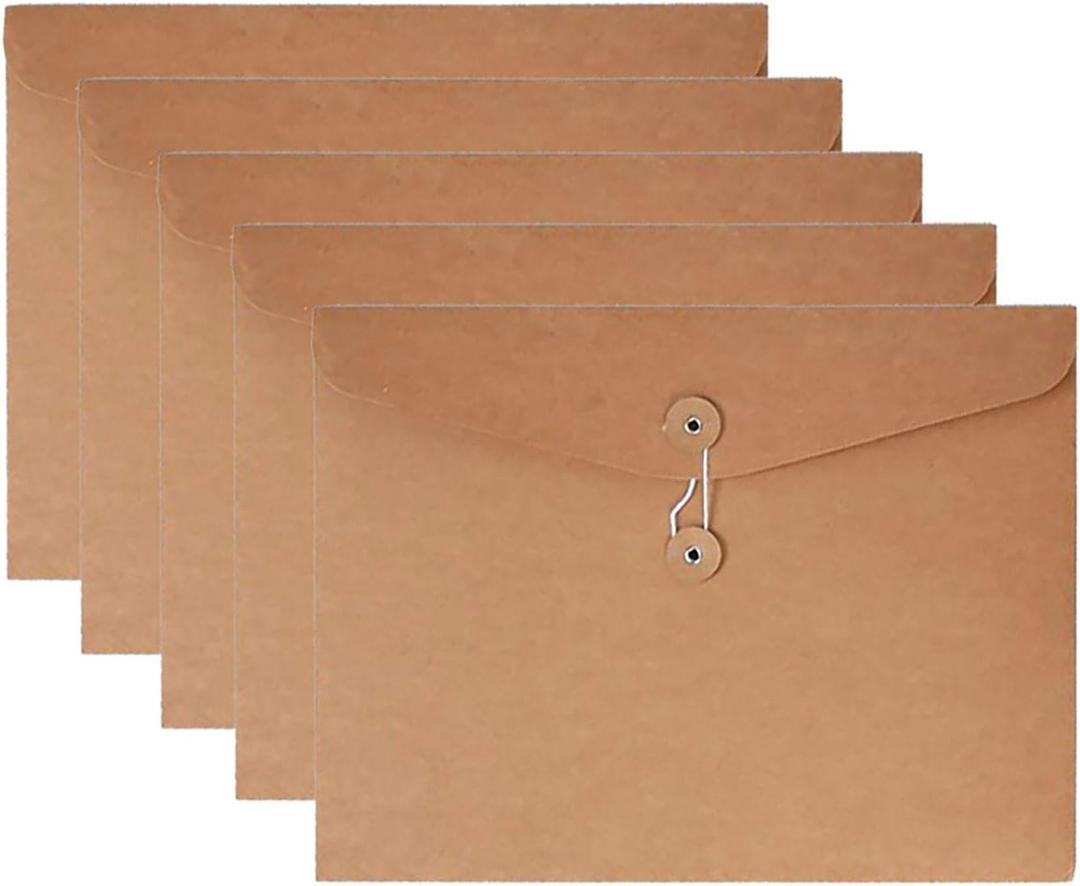 VANRA Kraft String Envelope File Folder Project Pockets File Jacket Document Organizer Flat-No Expansion A4 Letter Size (Kraft Brown, Pack of 5)