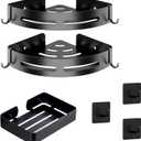 2 Adhesive Corner Shower Caddy with 2 Hooks, Soap Holder and 3 Adhesive Towel Hooks, Rustproof Aluminum Corner Shelf, No Drilling Shower Organizer for Bathroom Storage.