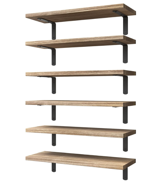 WOPITUES Wood Floating Shelves Set of 6, Shelves for Wall Decor, Farmhouse Shelf for Bedroom, Bathroom Storage Shelves, Book Shelves for Living Room  Rustic Brown