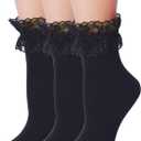 Women Lace Ruffle Socks Fashion Fancy Lovely Girl Socks 3 Pairs (Black)