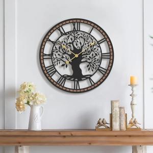 Micasso Non-Ticking Large Wall Clock: 18Inch Tree of Life Metal Black with Solid Wood Frame - Battery Operated Silent Clock for Living Room/Office/Bedroom/Kitchen - Home Decor for Fashion-Conscious
