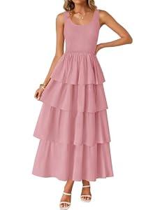 ZESICA Women's 2026 Summer Boho Sleeveless Midi Dress Scoop Neck Ruffle Tiered Layered Swing Long Beach Vacation Dresses (Pink, L)