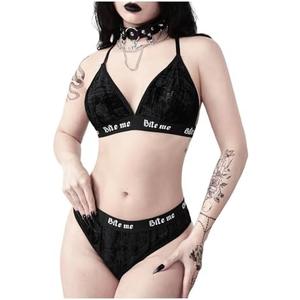 COZYEASE Women's 2 Piece Lingerie Sets Goth Velvet Floral Wireless Bra and Panty Underwear Set, L