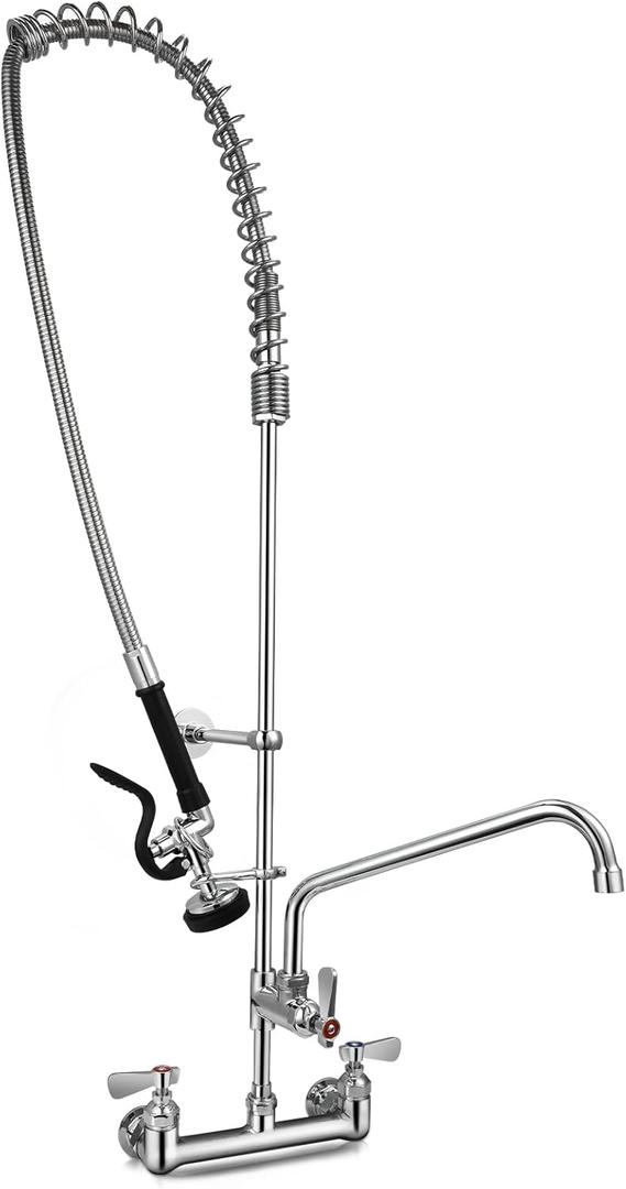 Commercial Kitchen Faucet with Pre-Rinse Sprayer 47" Height 8" Center Brass Constructed Wall Mount Kitchen Sink Faucet with Coiled Spring Pull Down Spray and 12" Add-on Swing Spout