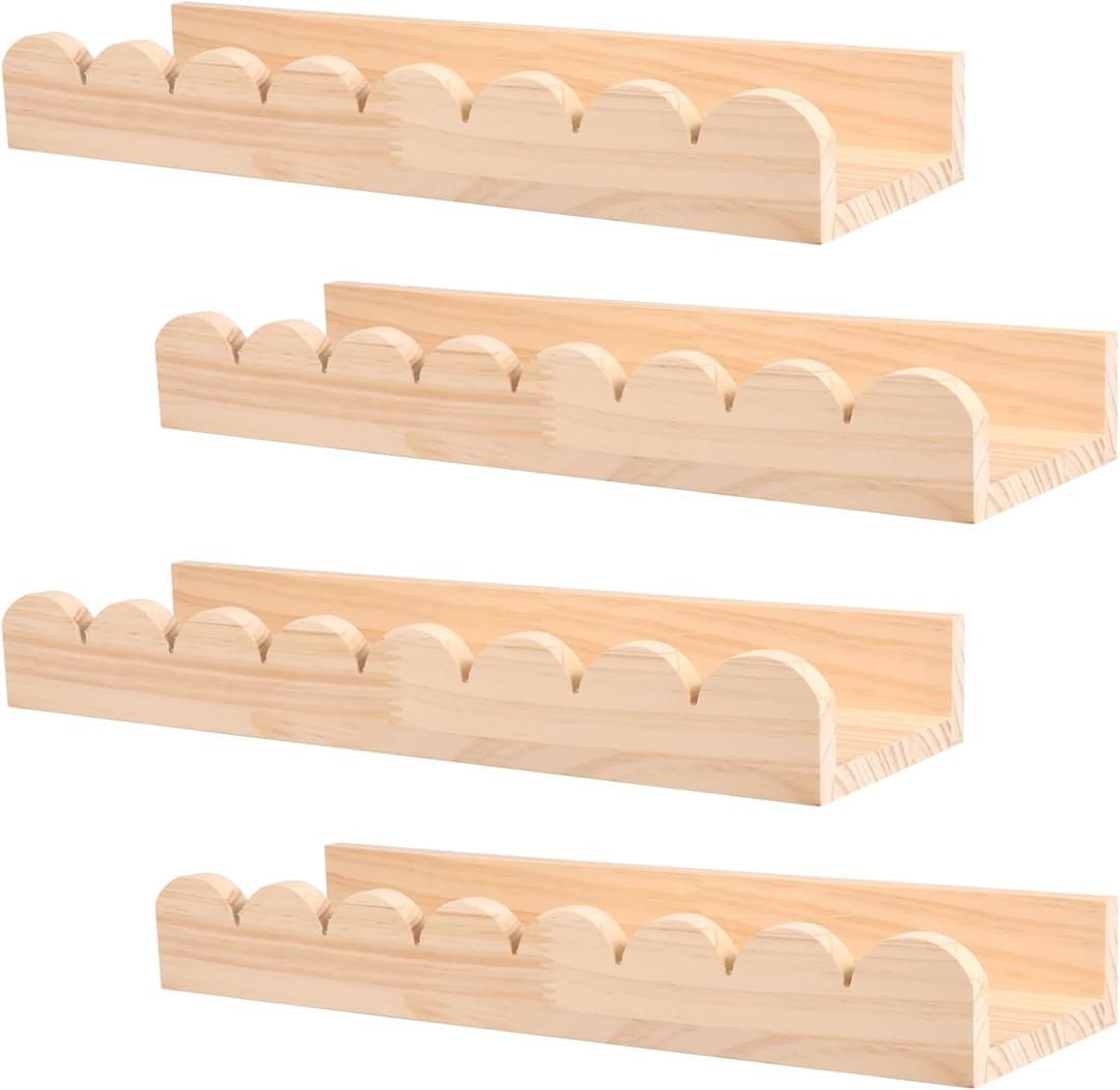 4PCS Wall Floating Shelves, Wood Scalloped Storage Display Shelf for Books, Toys, Photo Frames,Vases, Wall Mounted Ledge Book Organizer for Bedroom, Living Room (4PCS/Set)