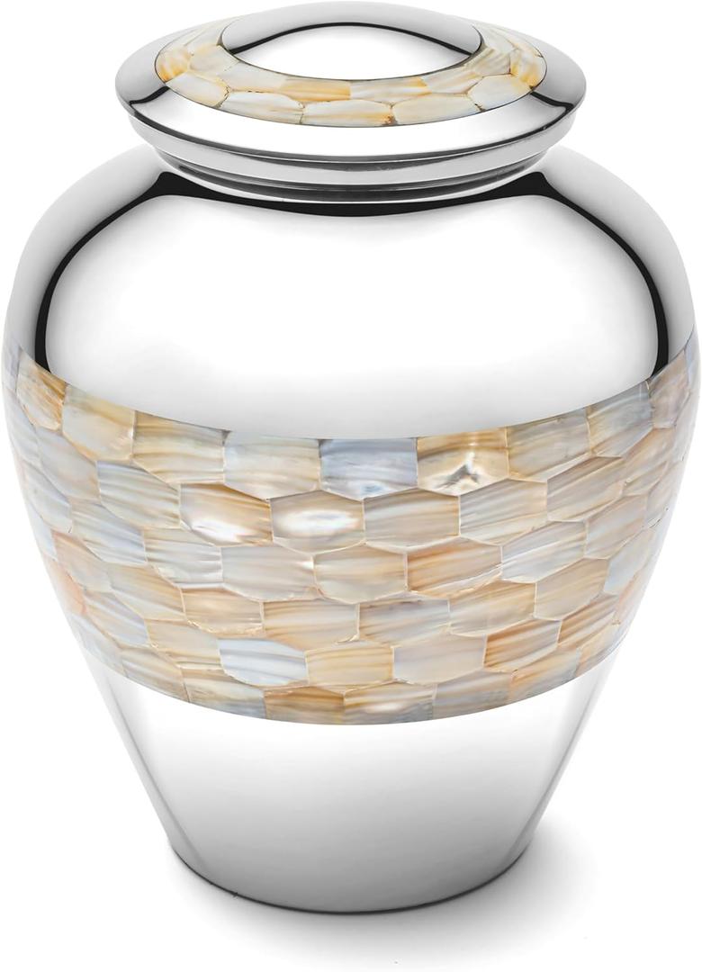 Brass Mother of Pearl Large Cremation Urns for Human Ashes Adult Size Male Female Funeral Memorial Urns for Mom Dad Son Men Women with Secured Lid Silver Finish 9" Inch 210 lbs with Velvet Bag
