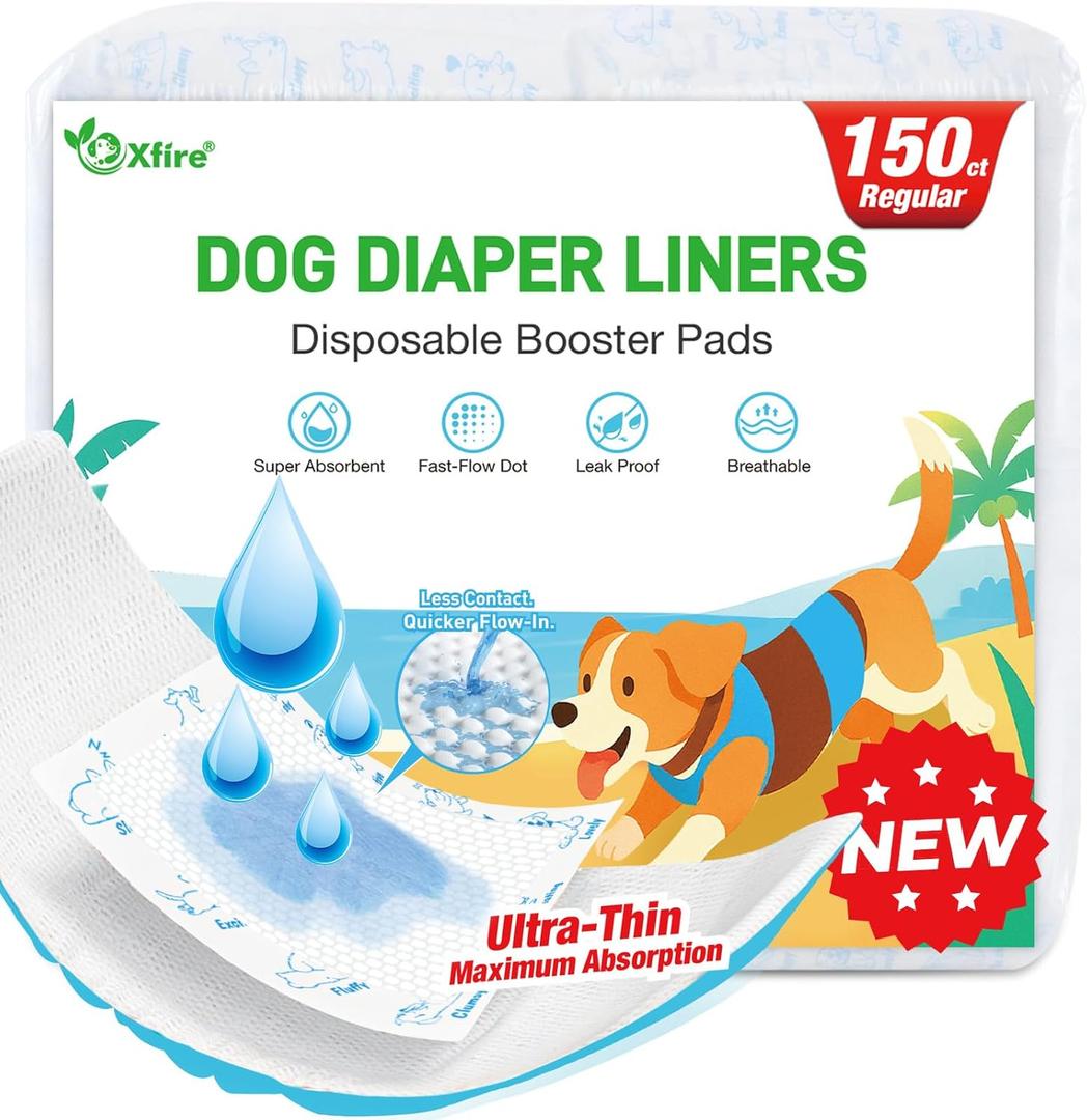 Dog Diaper Liners 150ct, Upgraded Ultra-Thin & Super Absorbent Dog Diapers Booster Pads for Male and Female Dogs, Disposable Doggy Diapers Inserts for Dog Belly Bands Wraps Period Panties (Regular)