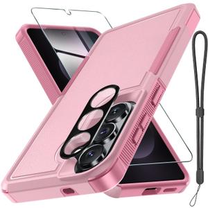 for Samsung Galaxy S26+ Plus Case with Screen Protector+Camera Lens Cover,Military Grade Heavy Duty Shockproof Phone Cover with Wrist Lanyard Strap for Samsung S26Plus,Cute Pink