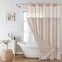 No Hook Long Shower Curtain Set with Snap-in Fabric Liner,Linen Textured Thick Striped Fabric with Tassels,Boho Farmhouse Rustic Luxury Bathroom Curtain,Water-Repellent,Tan/Taupe,71x80