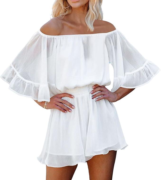 Women Boho Summer Romper Casual Floral Print Off Shoulder Strapless Shorts Jumpsuits XL