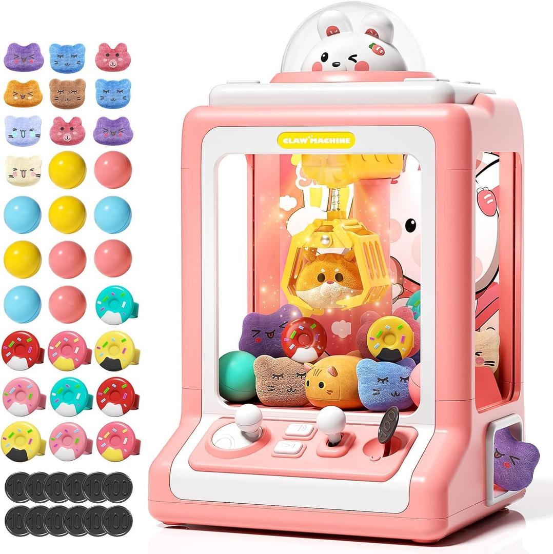 Claw Machine for Kids - Mini Vending Machine with Volume Control & Music, Electronic Rabbit Prize Dispenser Toys with 30 Prizes (Plush, Eggs), Party Birthday Gifts for Girls Age 3 4 5 6-8